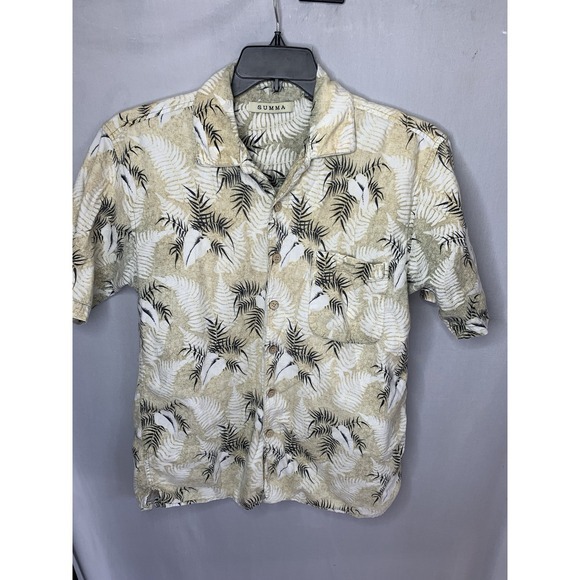 Mens M Summa Hawaiian Beige Palm Leaf Button Down Shirt  Cotton Blend Resort Fun - Picture 1 of 7